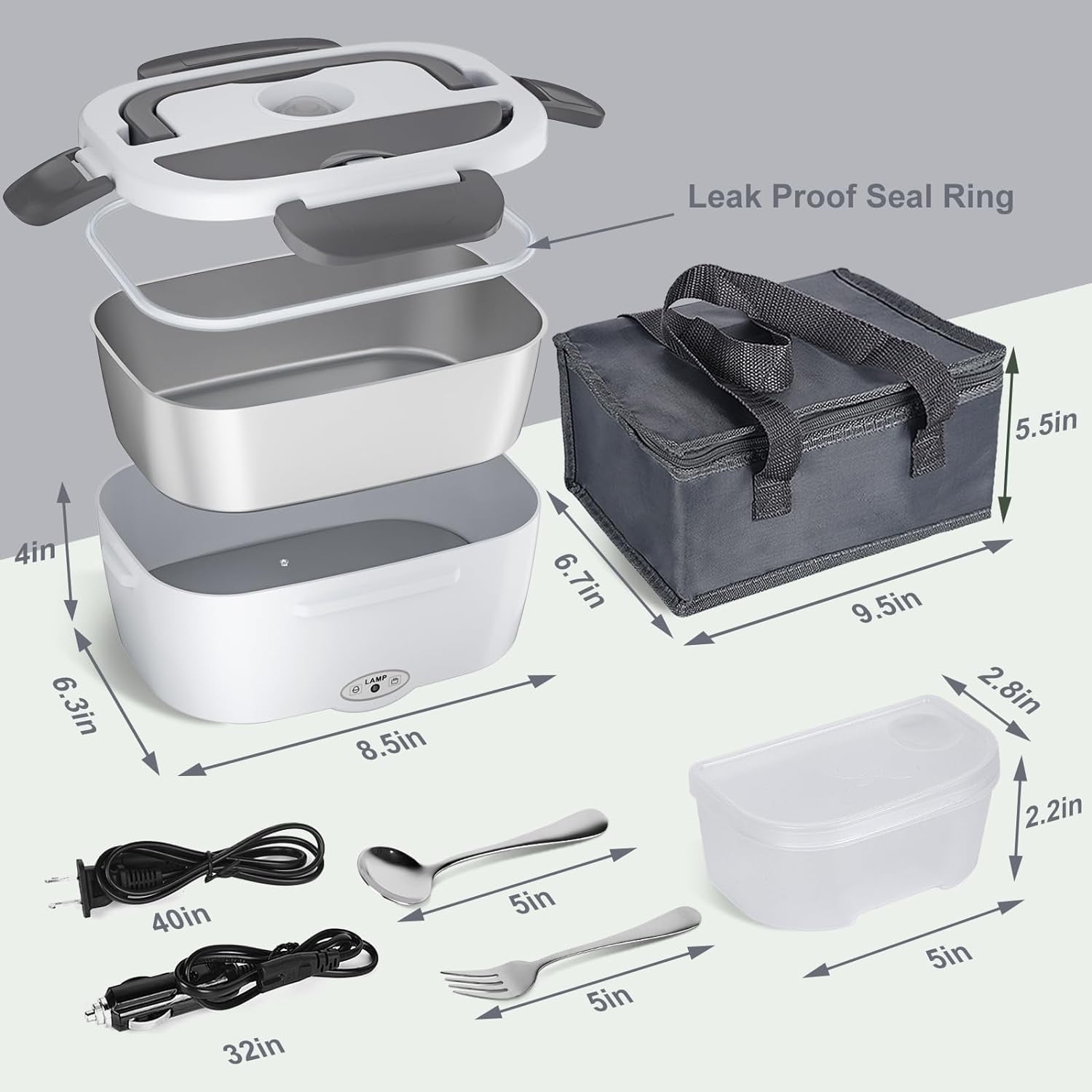 Electric Lunch Box Food Heater,  80W Electric Heating Lunch Boxes for Car/Men/Adults/Home/Work, 1.5L Removable 304 Stainless Steel Container, 110V/12V/24V, with Fork & Spoon